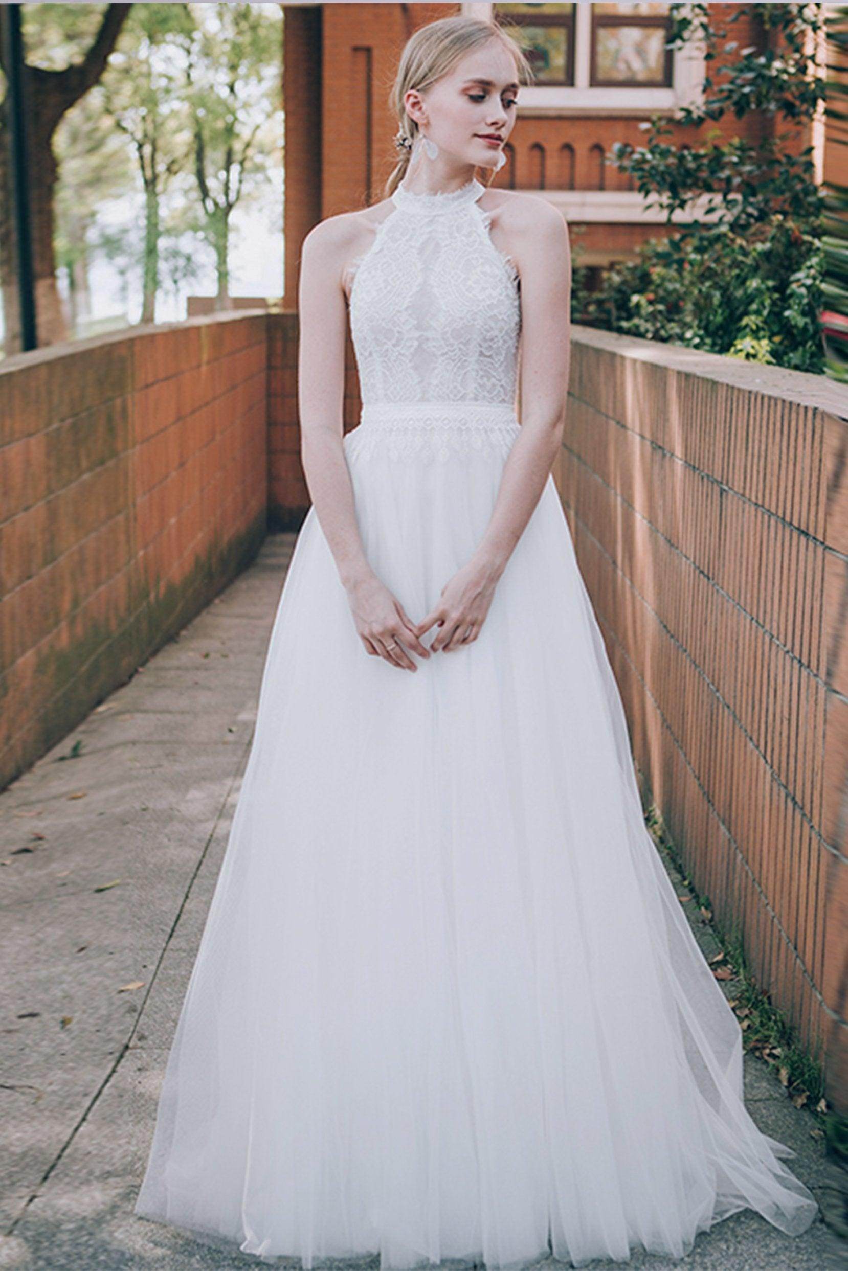 A-Line Sweep-Brush Train Lace Tulle Wedding Dress CW2735 - COCOMELODY